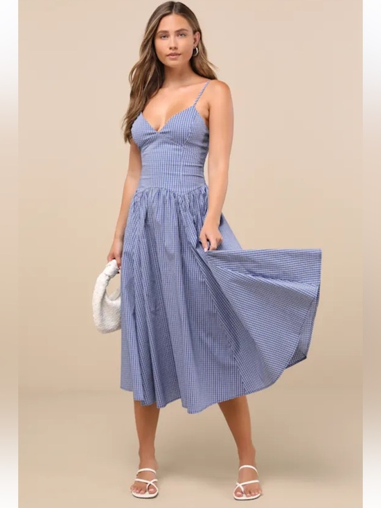 Lulus Dresses & Skirts - Lulus Carlota Blue Gingham Sleeveless Midi Dress Cottagecore Size Small